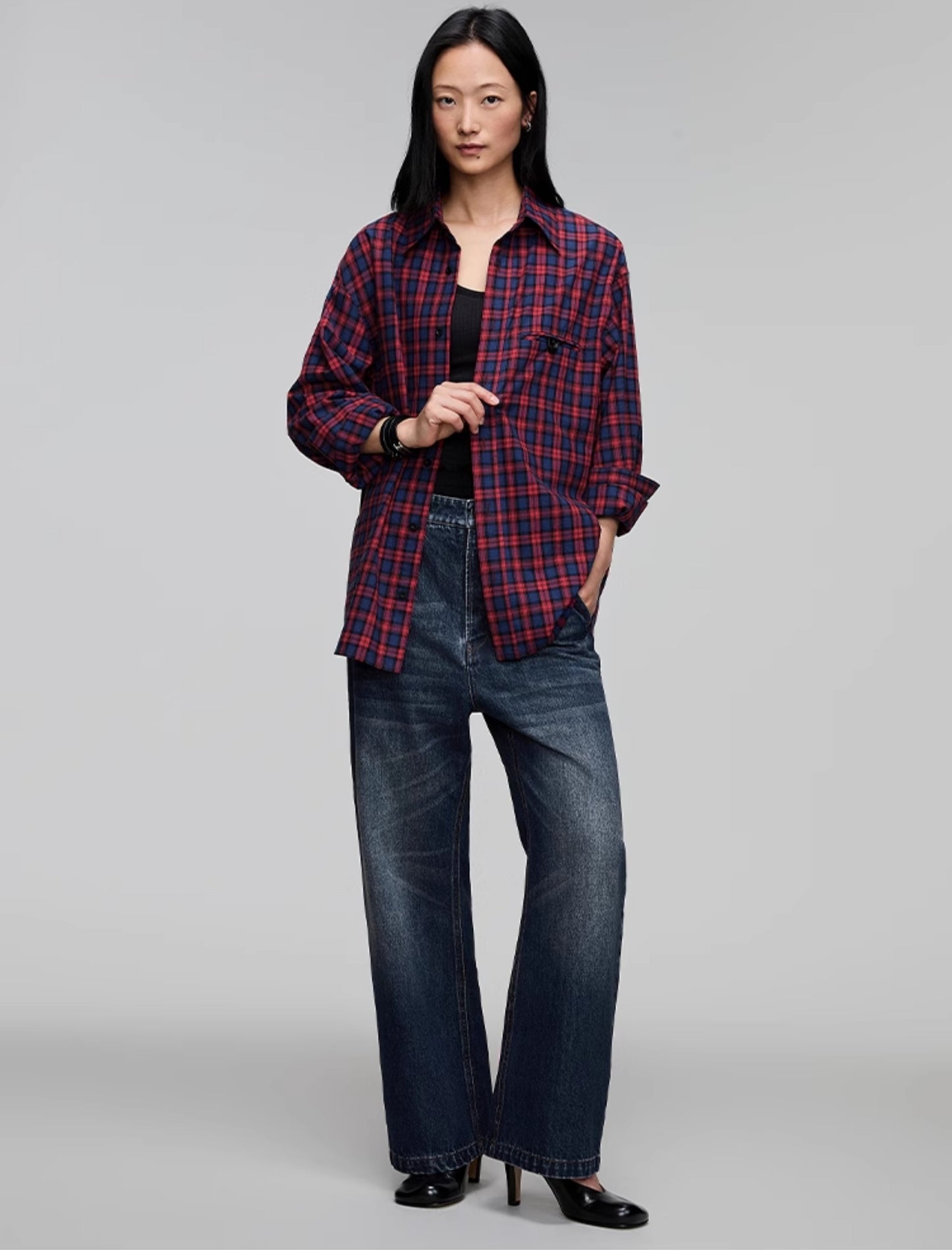 Plaid double pocket shirt