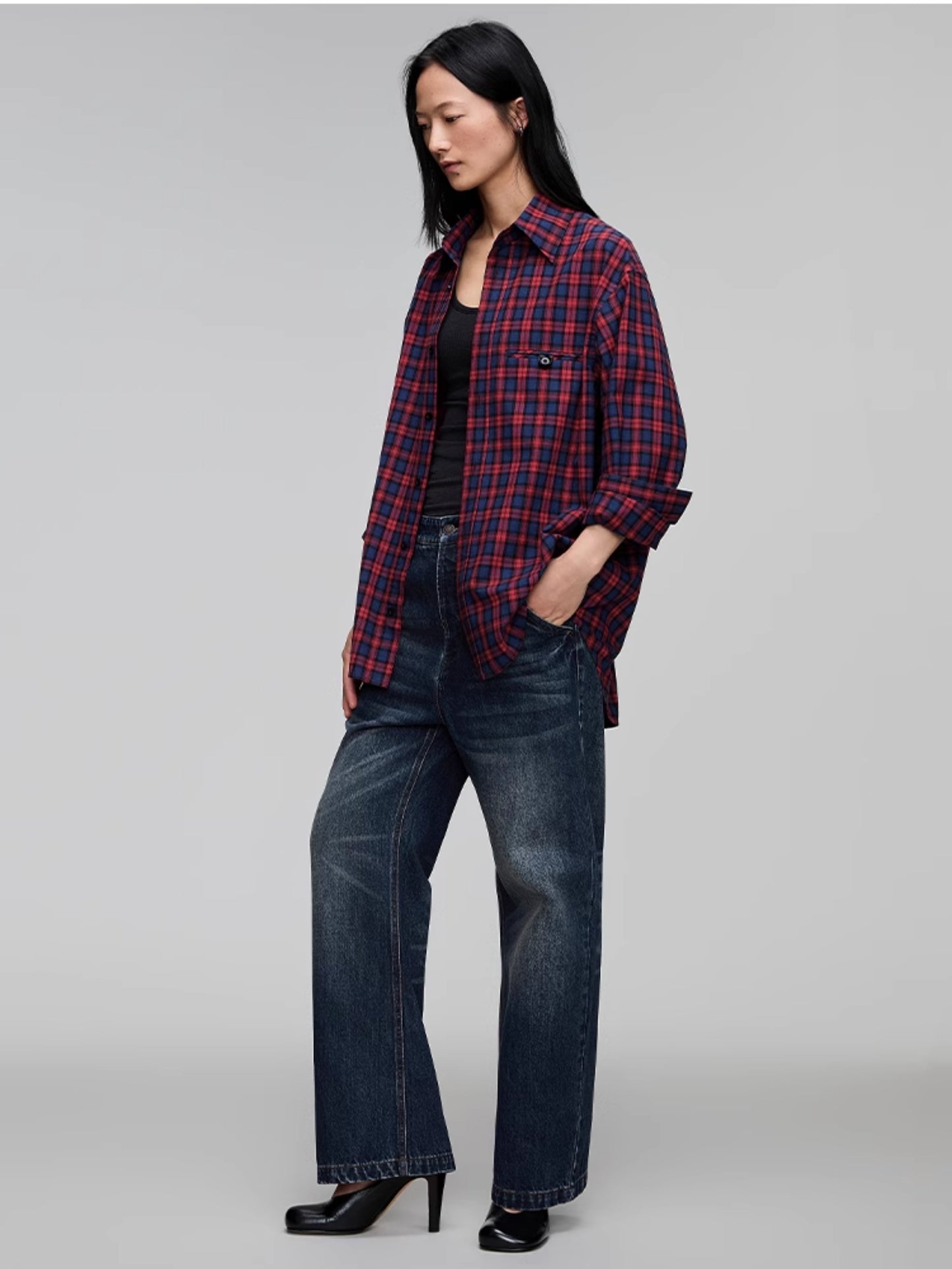 Plaid double pocket shirt