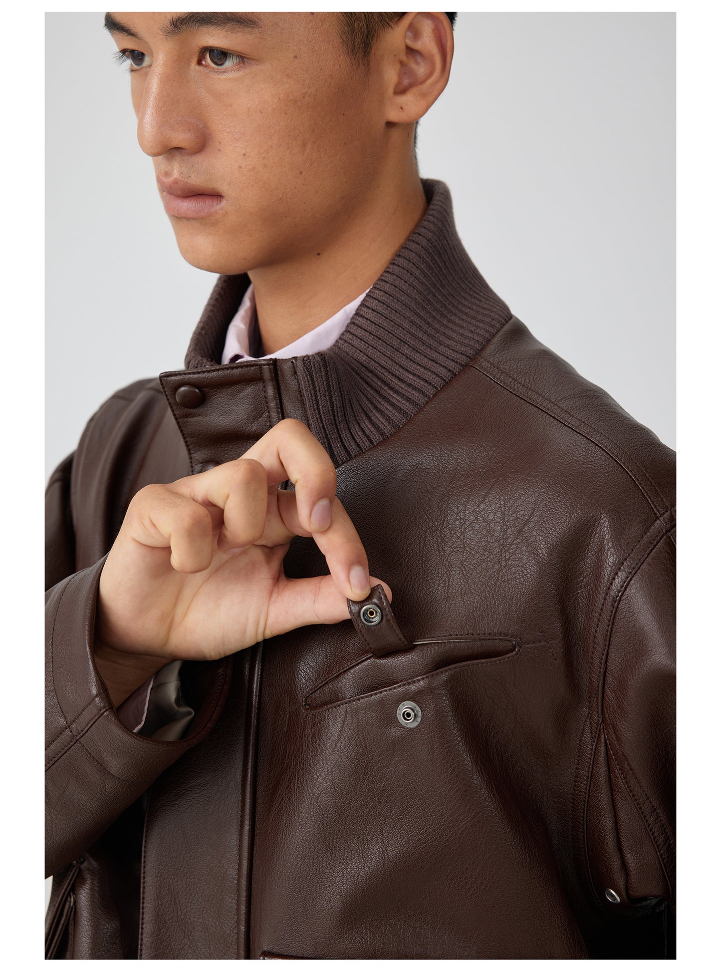 Ribbed stand collar leather jacket