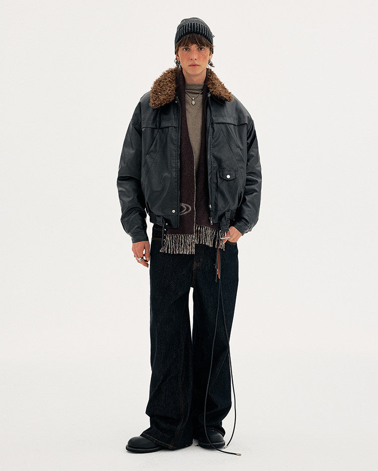 Detachable Fur Collar PU Leather Jacket