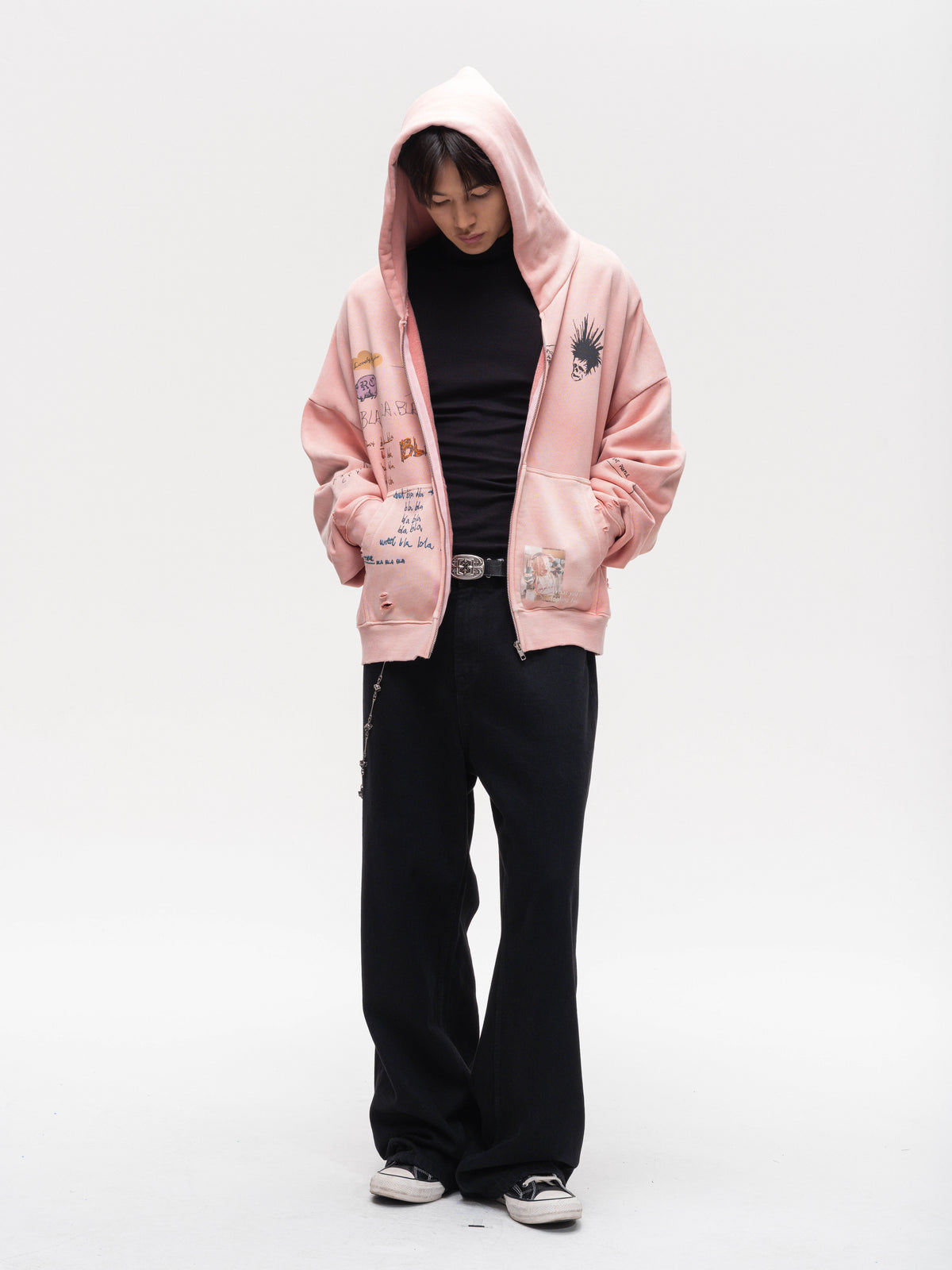 Wash-Distressed Zip-Up Sweatshirt