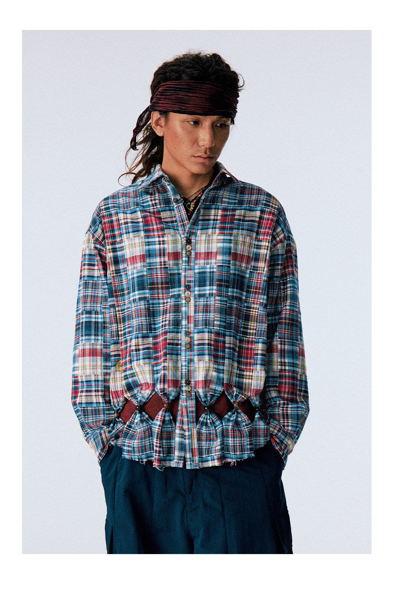 Patchwork Checkered Cut-Out Shirt
