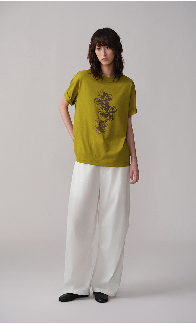 Round-Neck Ribbed Collar Drop-Shoulder T-Shirt
