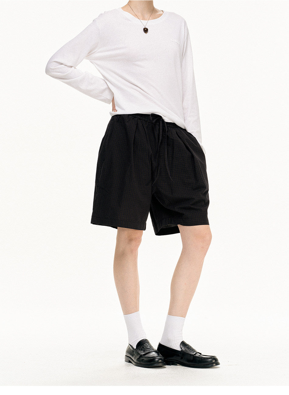 Double-fold Checkered Pleated Shorts
