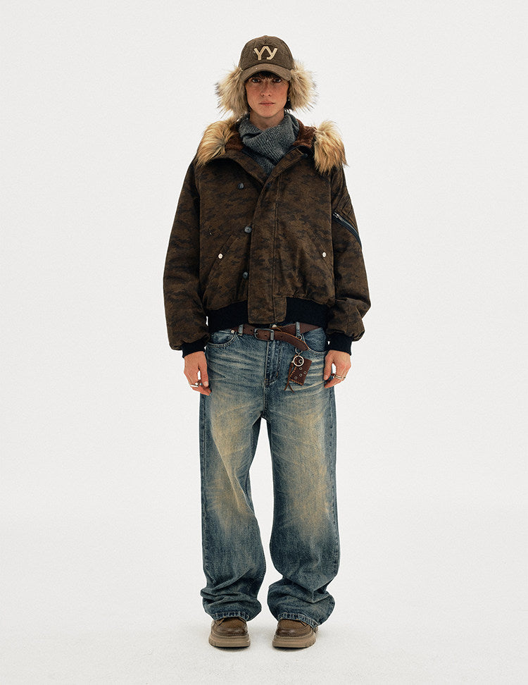 Distressed finish camouflage fur-collar jacket