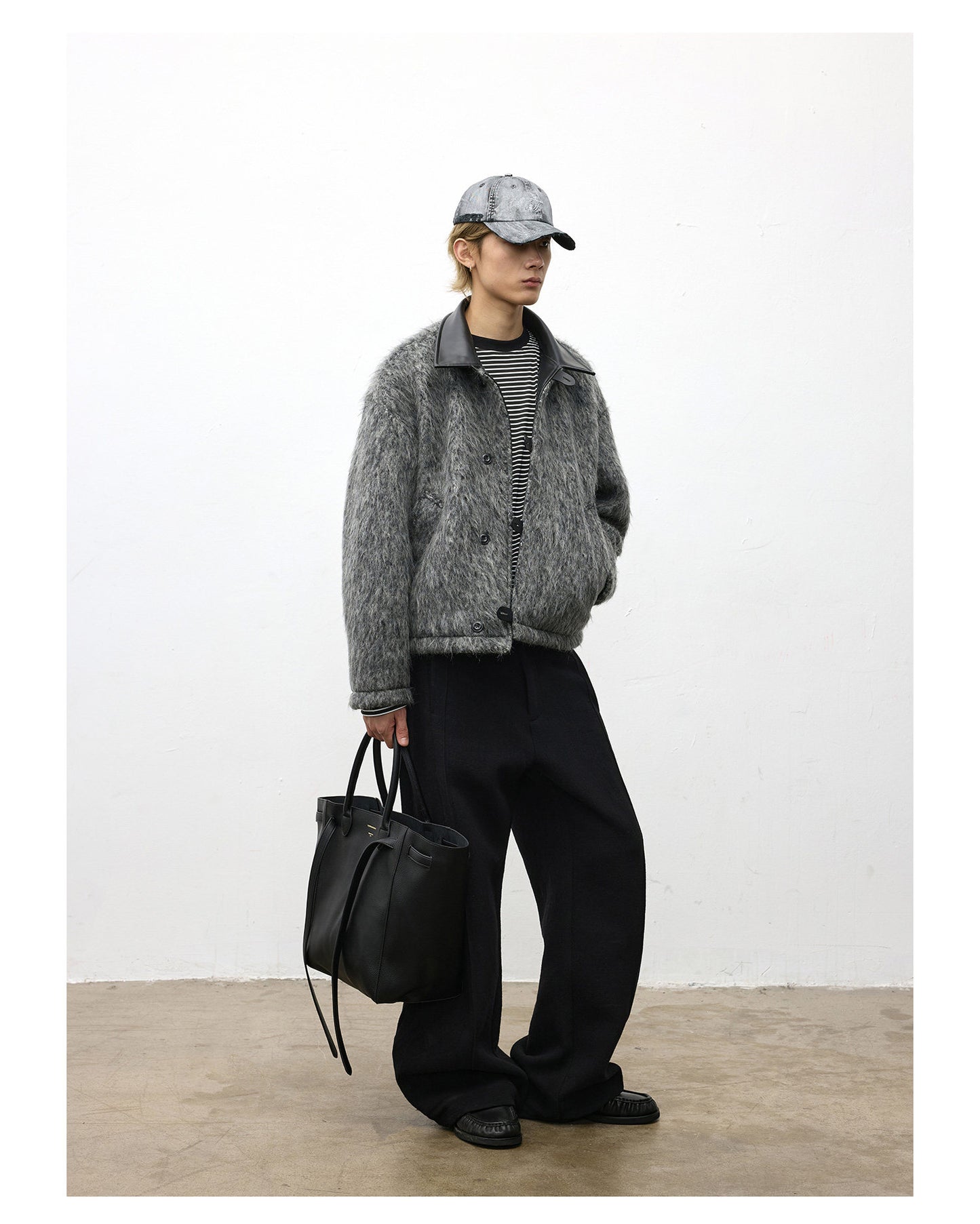 Leather Collar Wool Blend Jacket