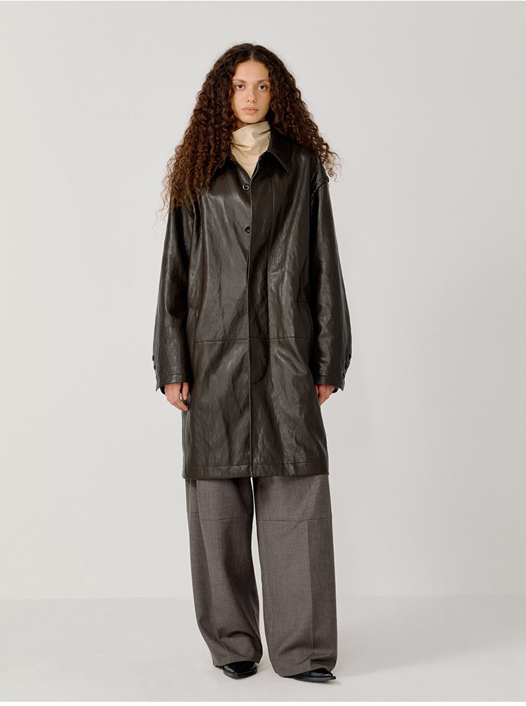 Hidden Front Placket Leather Coat