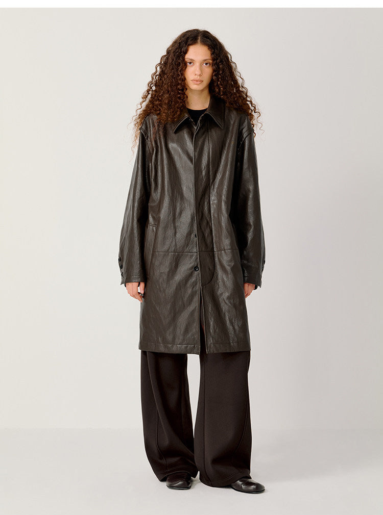 Hidden Front Placket Leather Coat