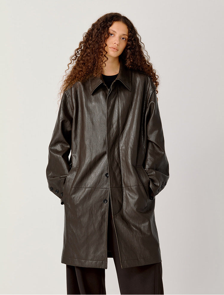 Hidden Front Placket Leather Coat
