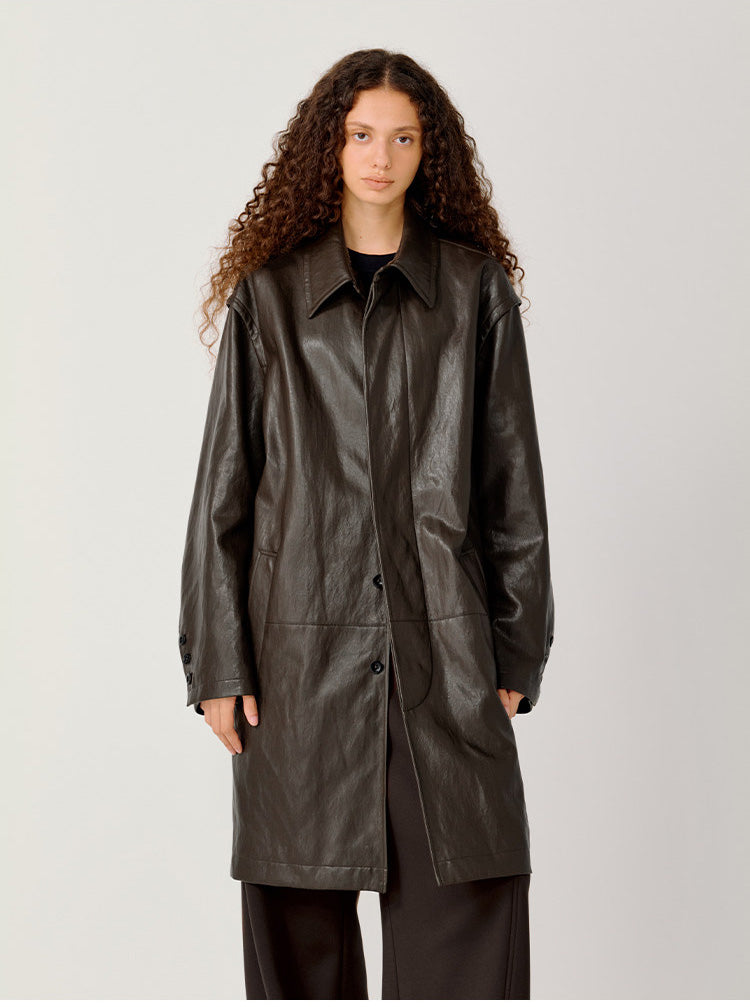 Hidden Front Placket Leather Coat