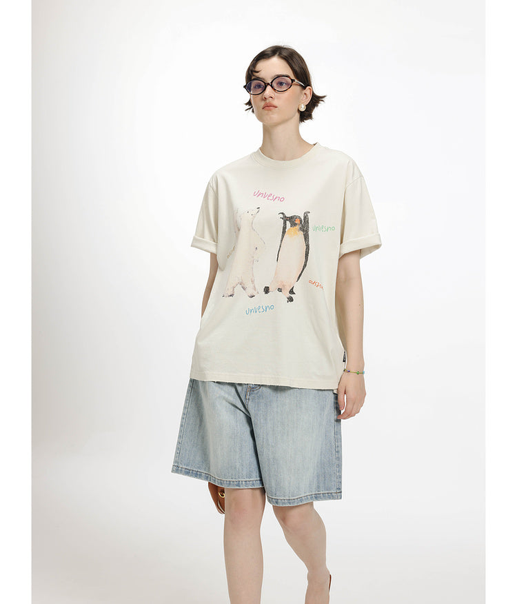 Printed wash-processed T-shirt