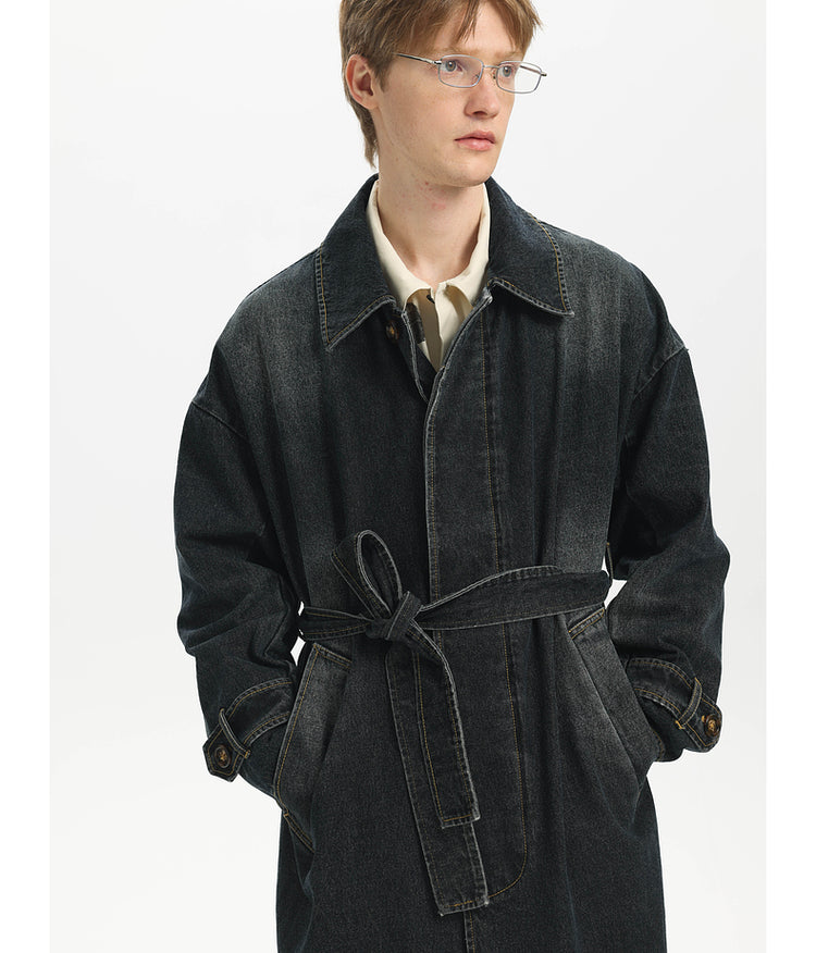 Washed Denim Long Trench Coat