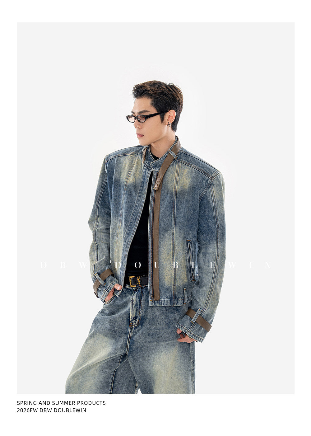 Vintage-Washed Padded-Shoulder Denim Jacket Set