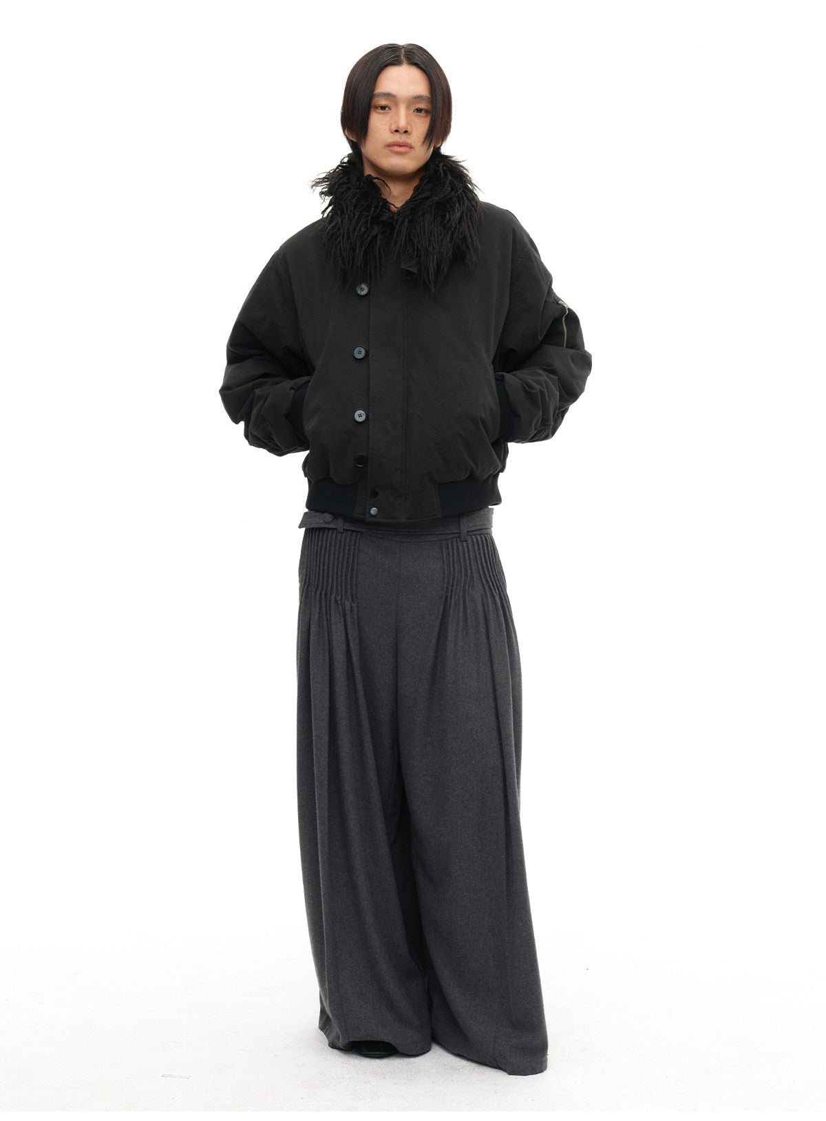 Detachable fur collar distressed jacket