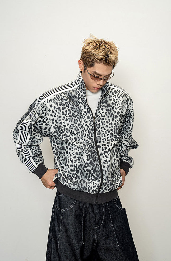 레오파드 프린트 스탠드 칼라 재킷