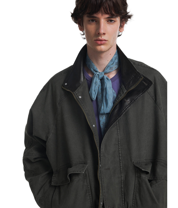 Leather collar short flight jacket