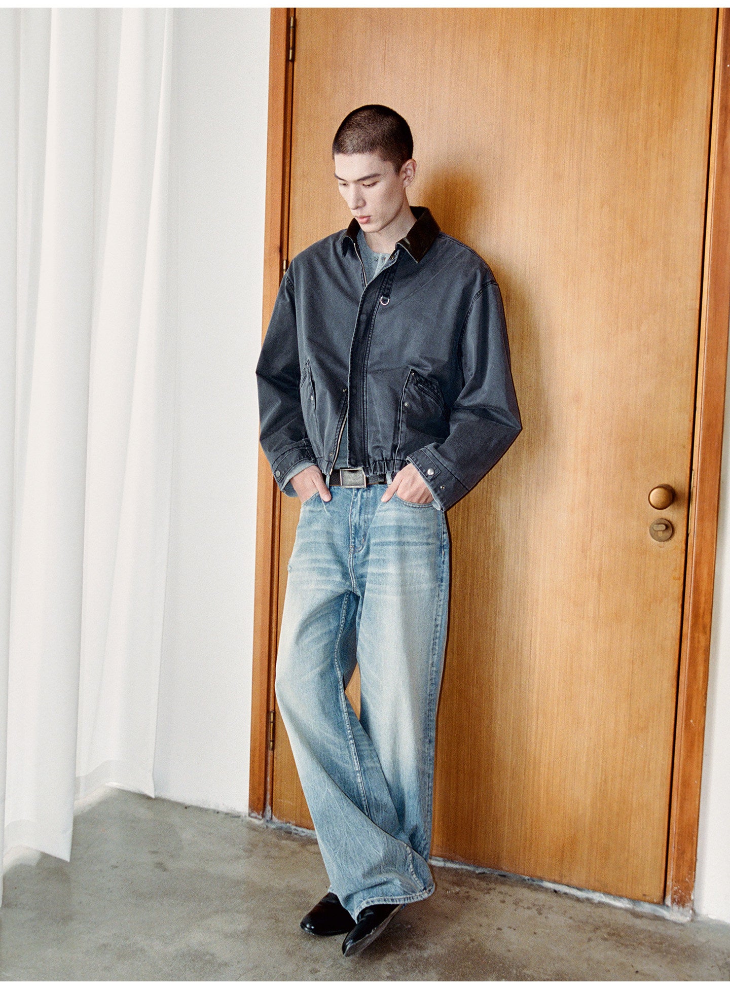 Distressed Leather Color-Block Work Jacket