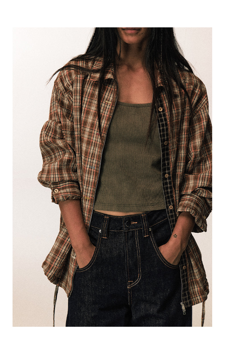 Checkered Zippered Drawstring Shirt