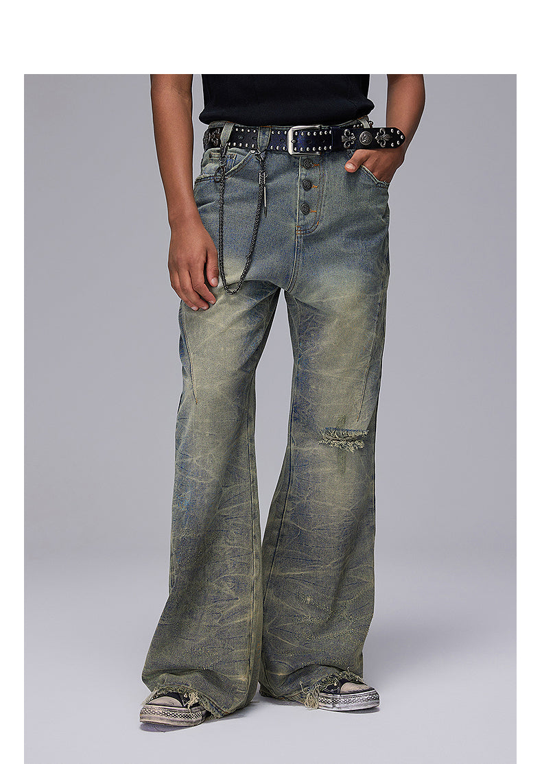 Damaged Micro Flared Slim Fit Denim Pants