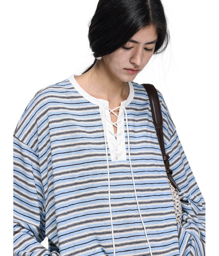 Drawstring Tie Henley Collar T-Shirt