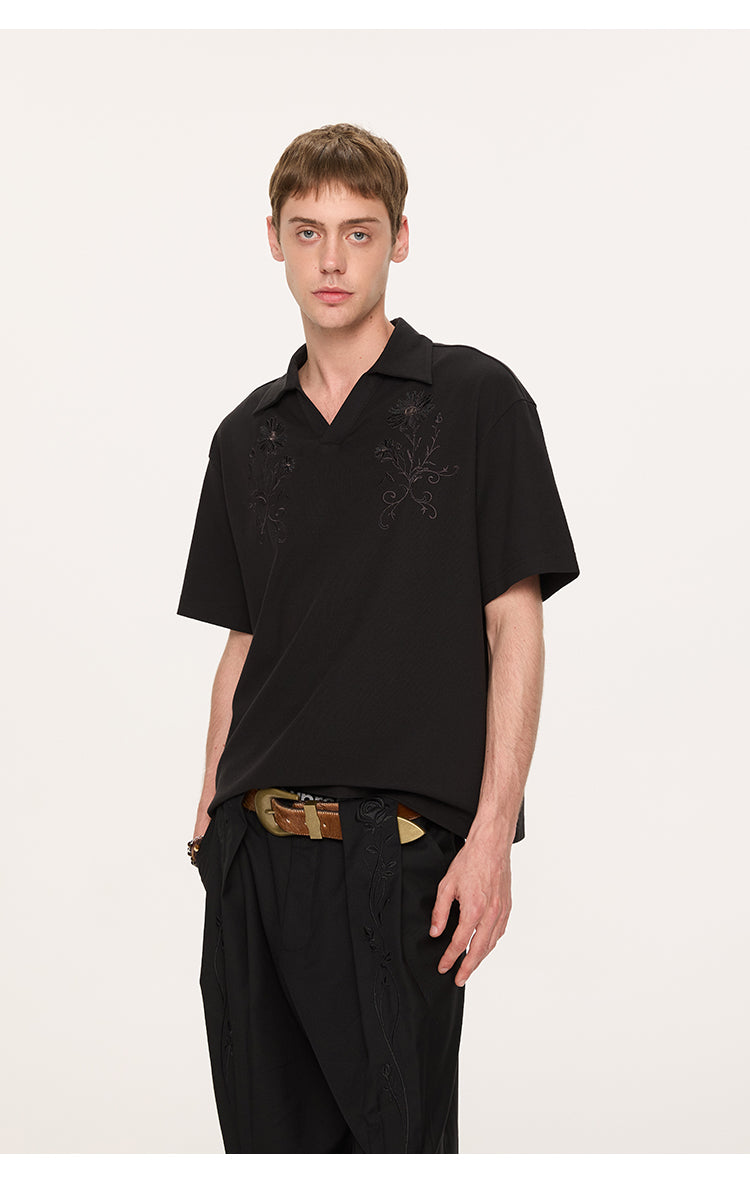 Embroidered V-neck polo shirt