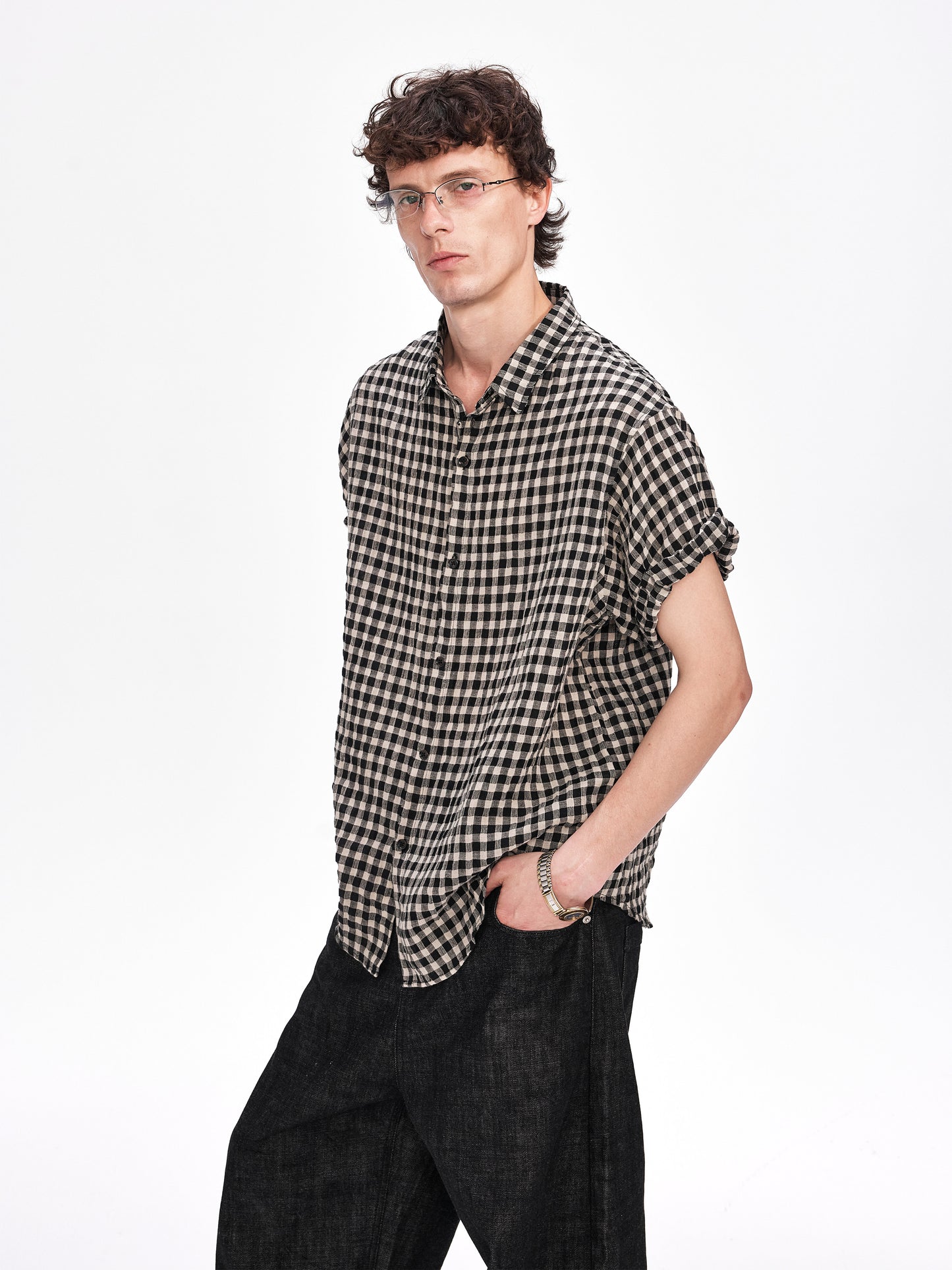 Rolled-Sleeve Checkered Linen Shirt