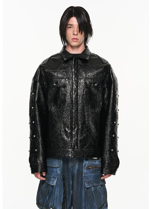 Cracked textured leather riveted lapel cotton jacket 