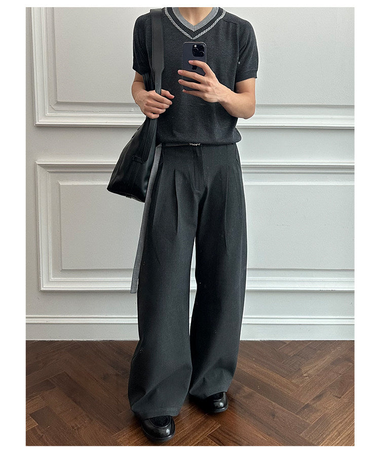 Casual Pants with Double Pleats and Detachable Belt