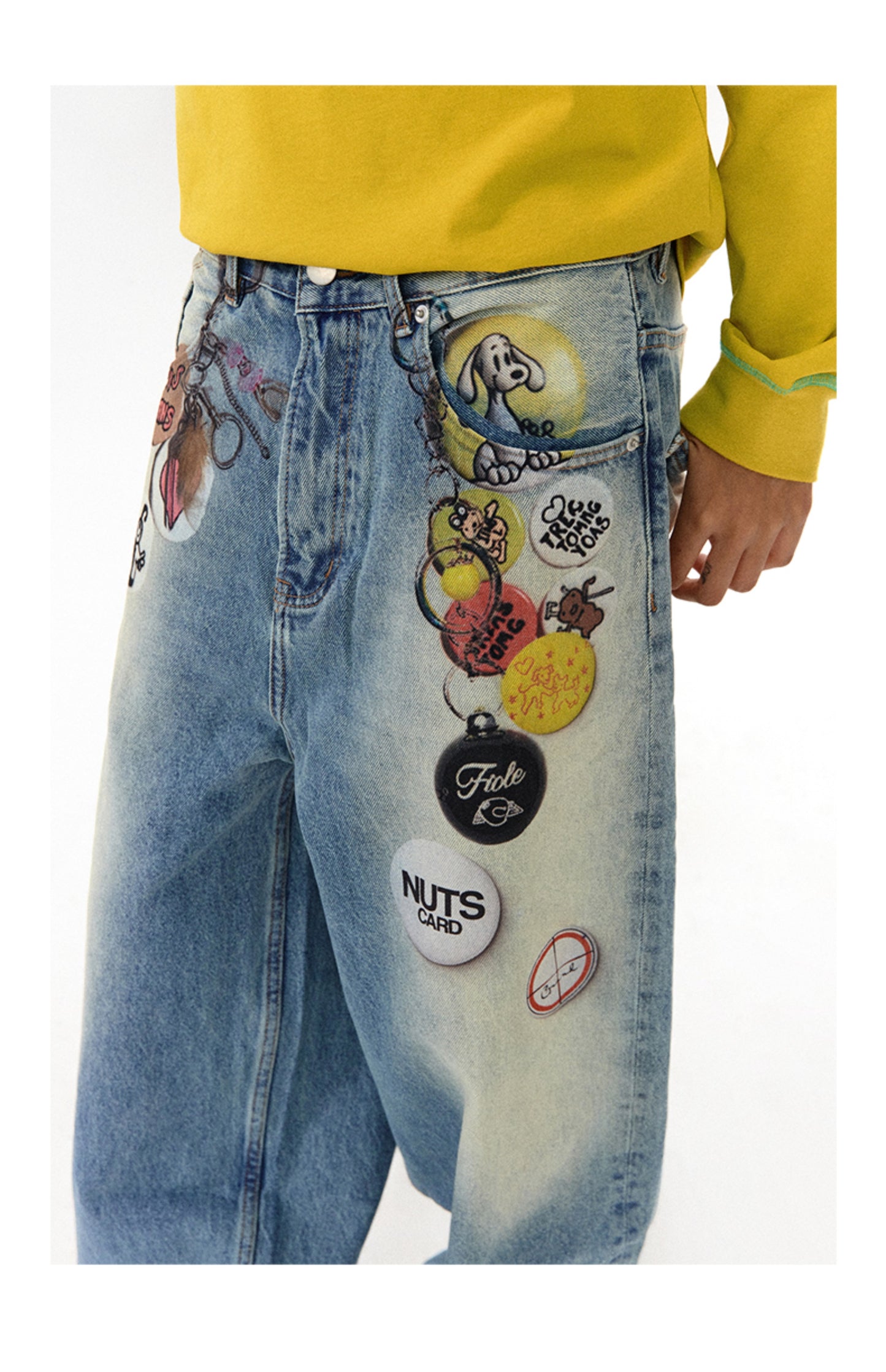 Medal print denim pants