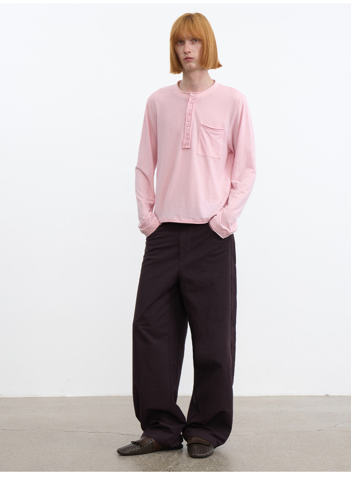 Henry-Collar T-Shirt with Front Pocket Design