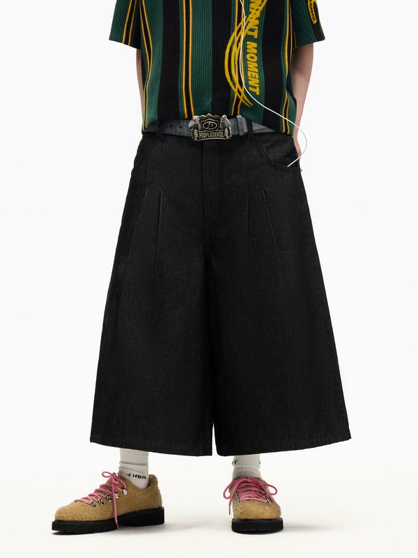 Pleated-Design Street-Style Loose-Fit Denim Shorts