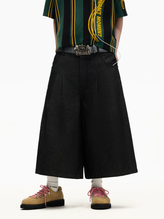 Pleated-Design Street-Style Loose-Fit Denim Shorts