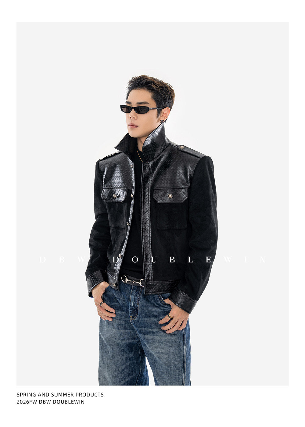 Textured Leather Patchwork Suede Short Jacket