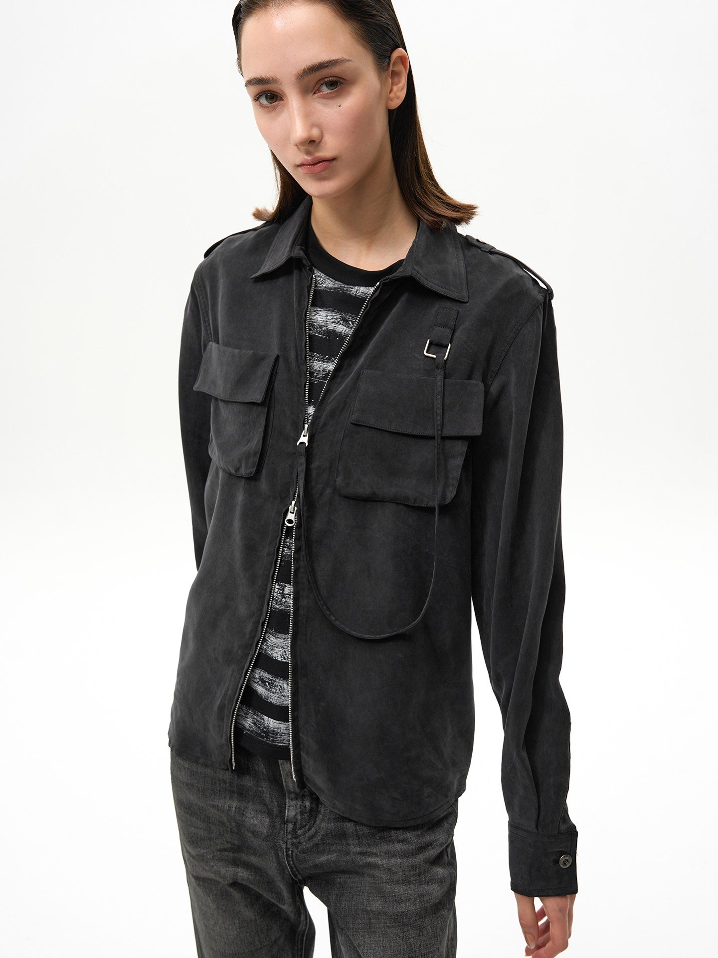 Ribbon Zipper Military Shirt