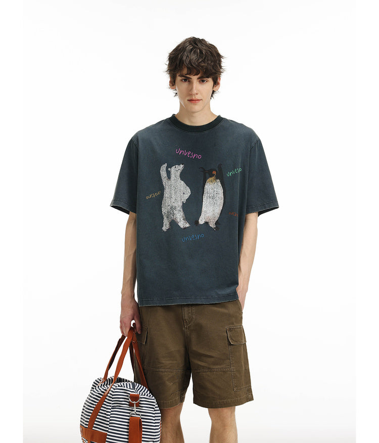 Printed wash-processed T-shirt