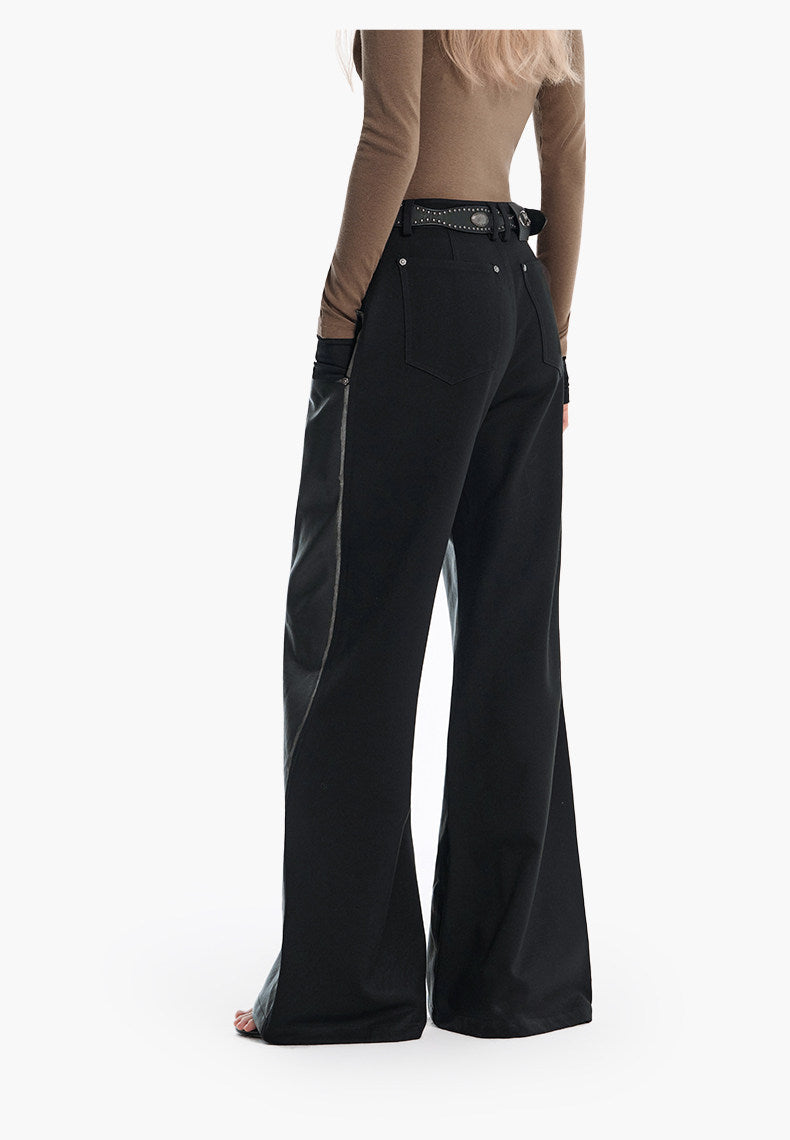 Faux Two-Piece Double-Waist Patchwork Leather Pants