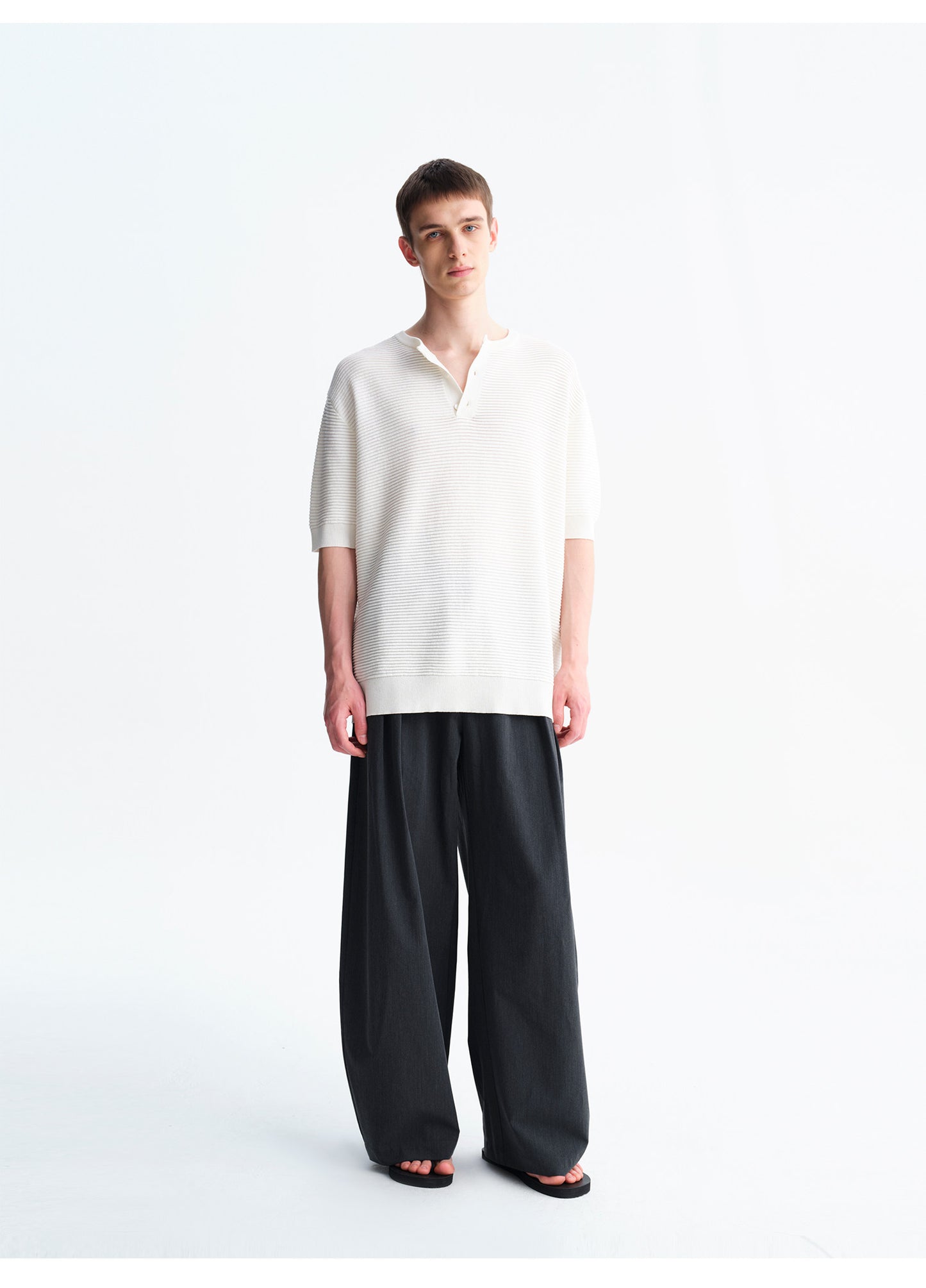 Henry-Neck Wool-Look Short-Sleeve Shirt