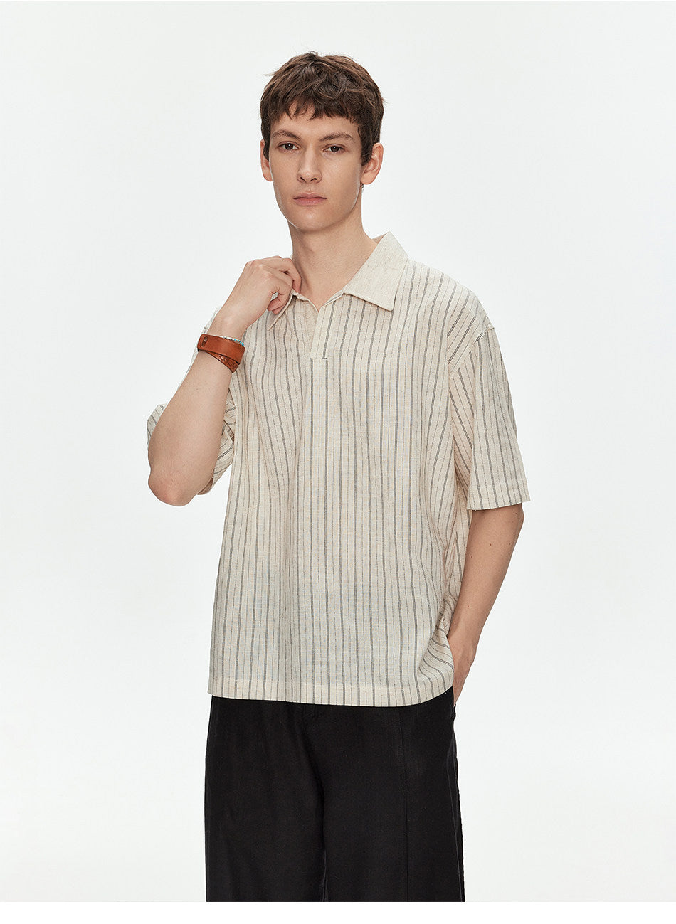Cuban-Collar Striped Shirt