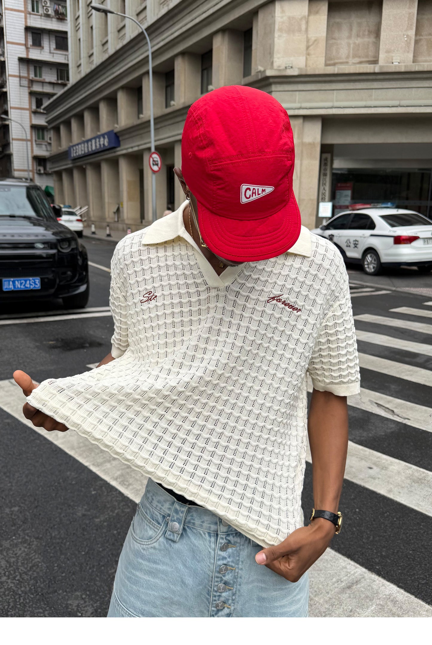 Embroidered Jacquard V-Neck Polo Shirt