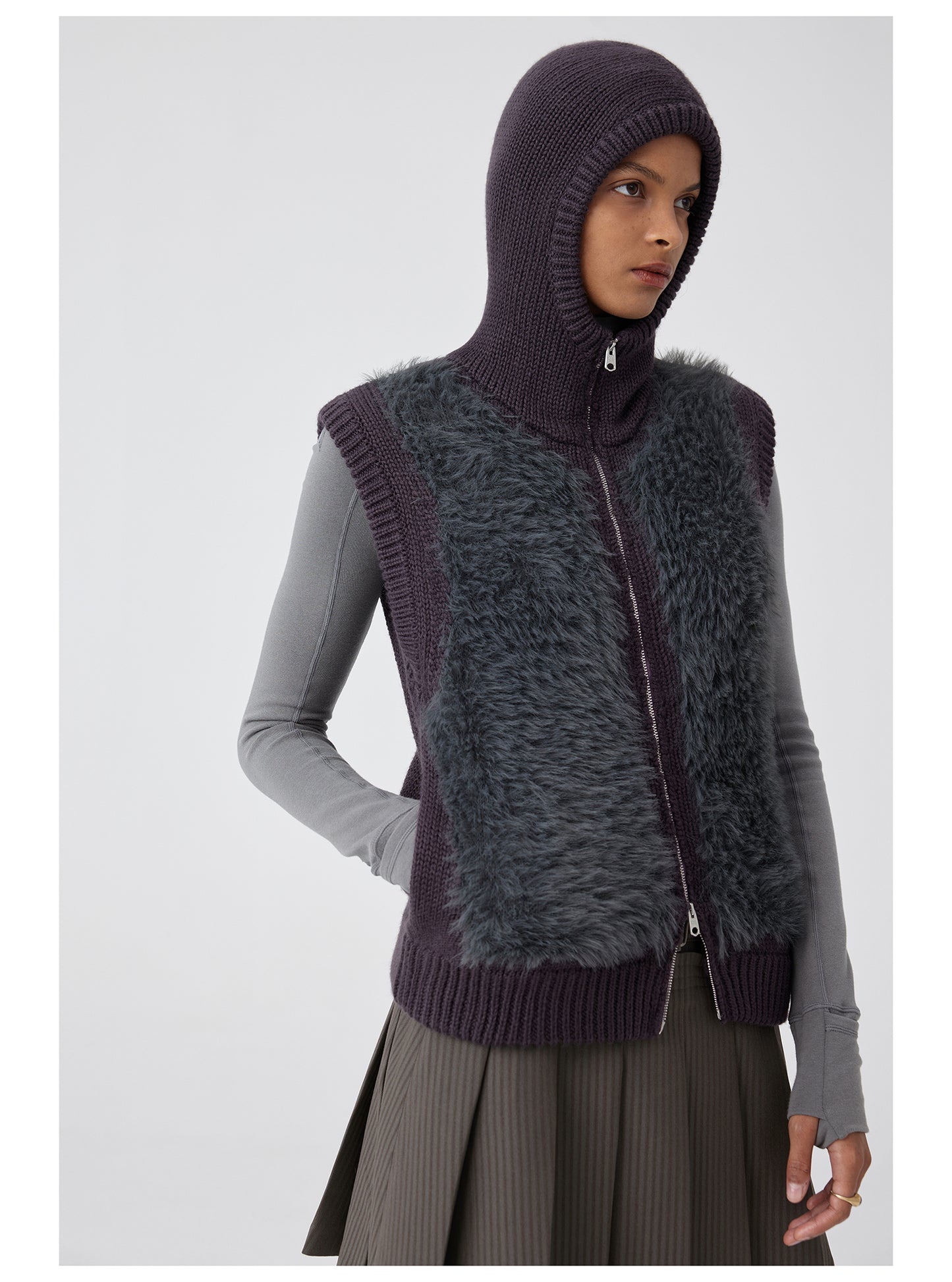 Long fur zippered hooded vest