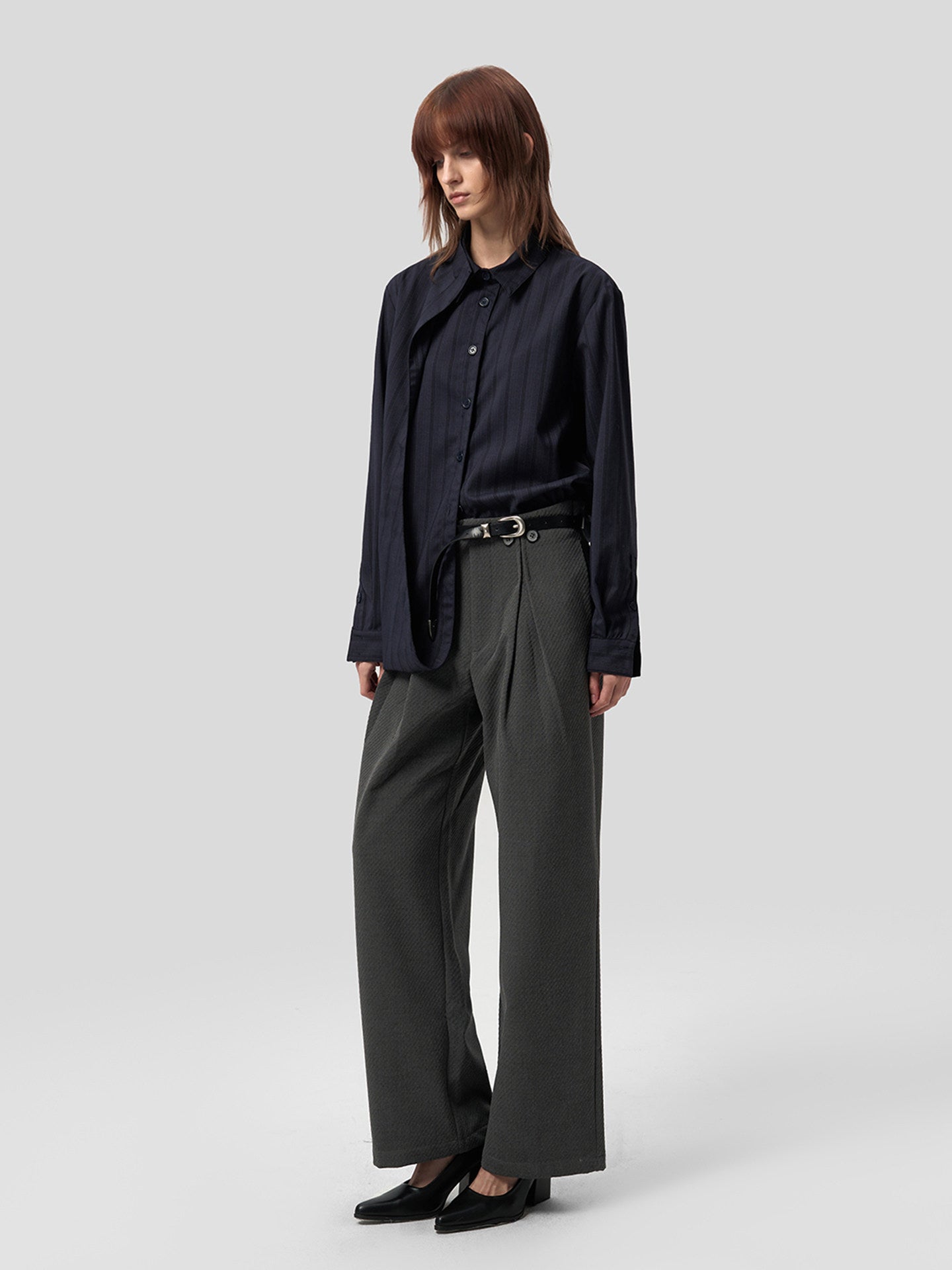 One-Piece Curved-Collar Striped Shirt