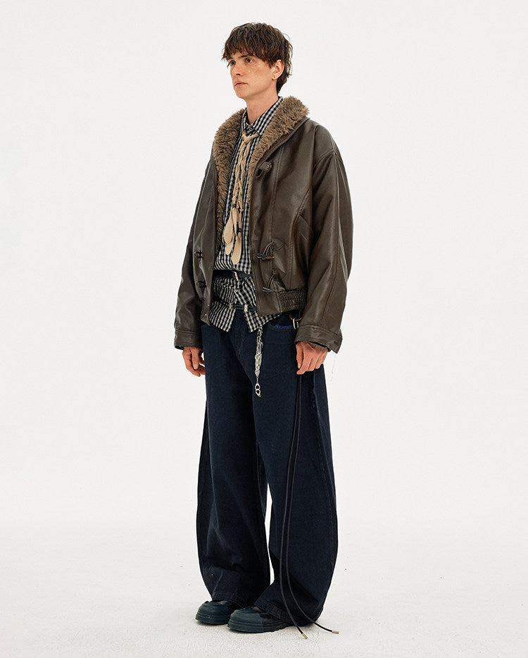 Horn Button Fur Collar Leather Jacket