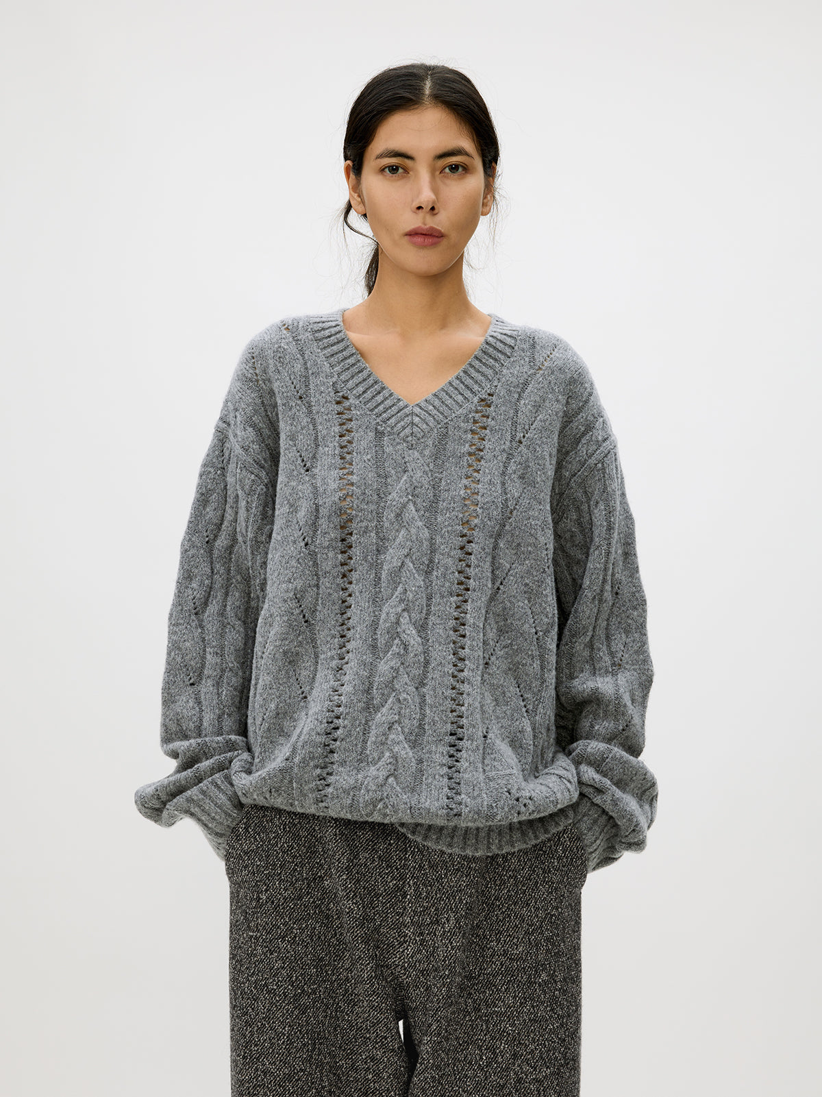 V-neck cable knit sweater