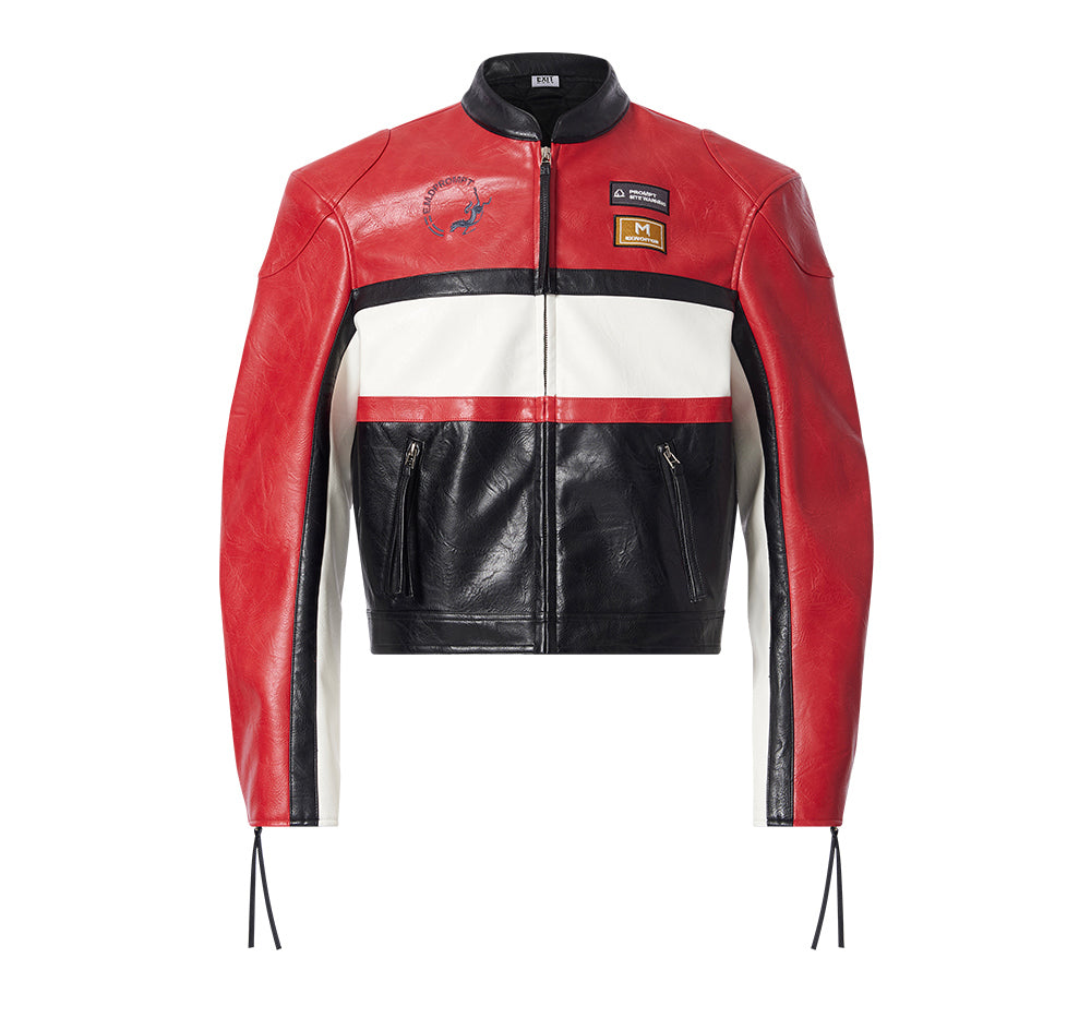 Color Block Short Motorcycle Jacket