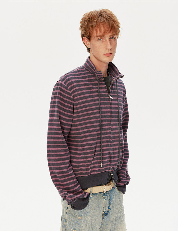 Striped Stand Collar Zipper Cardigan