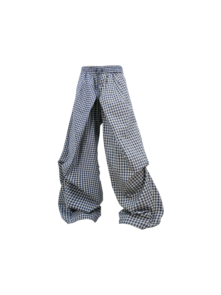 Asymmetrical Cross-Check Ripple-Pleated Casual Pants