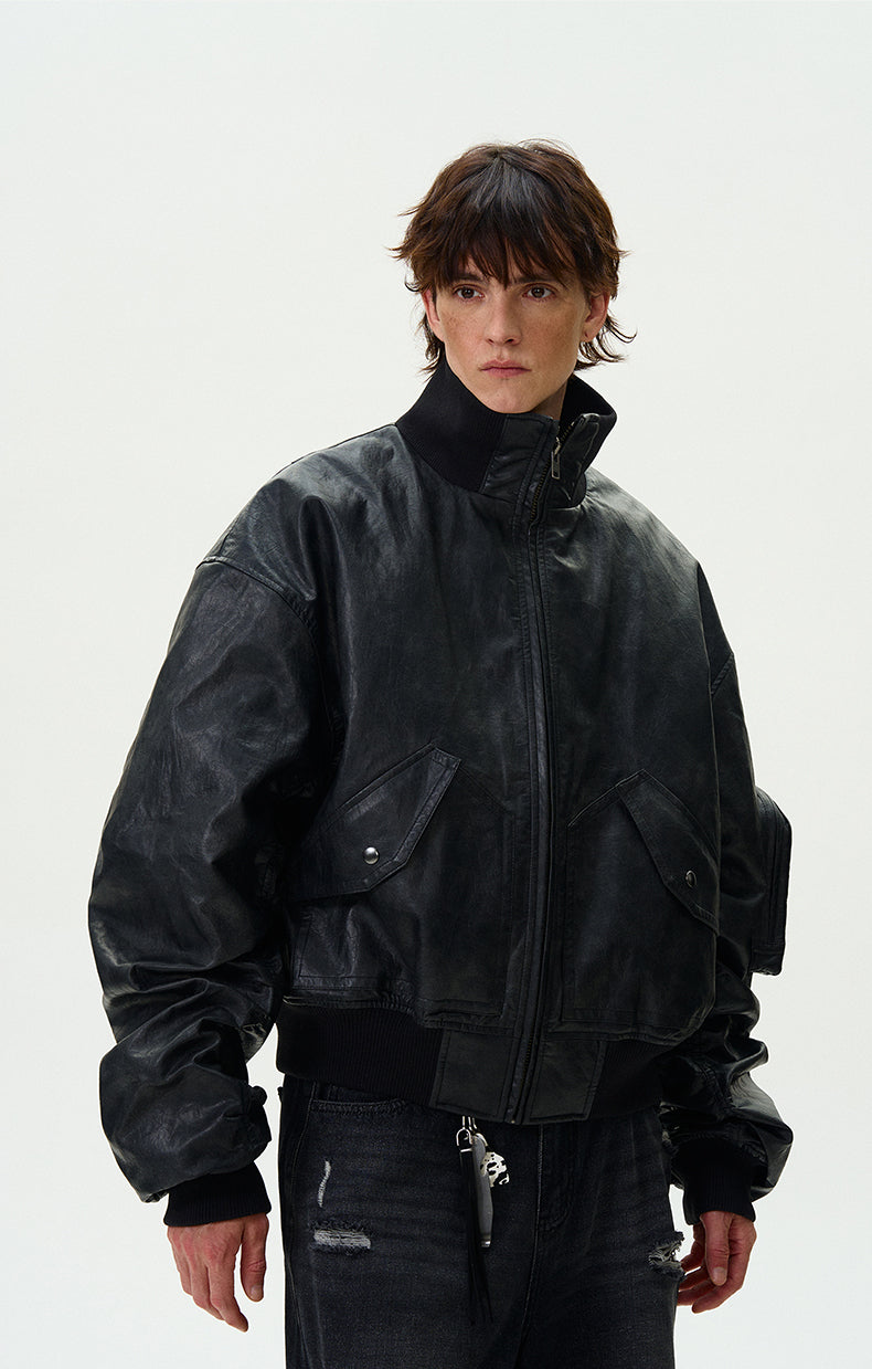 Washed Bomber PU Leather Jacket