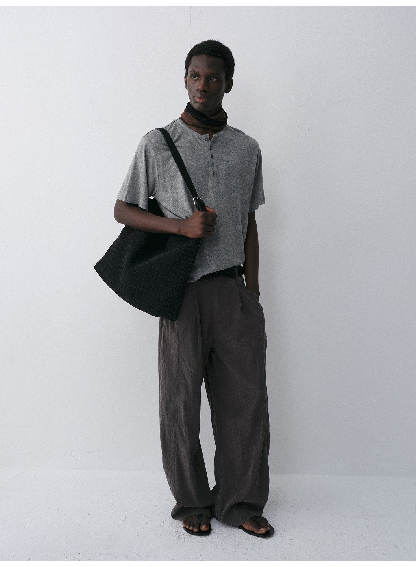 Henry-Collar Drop-Shoulder T-Shirt