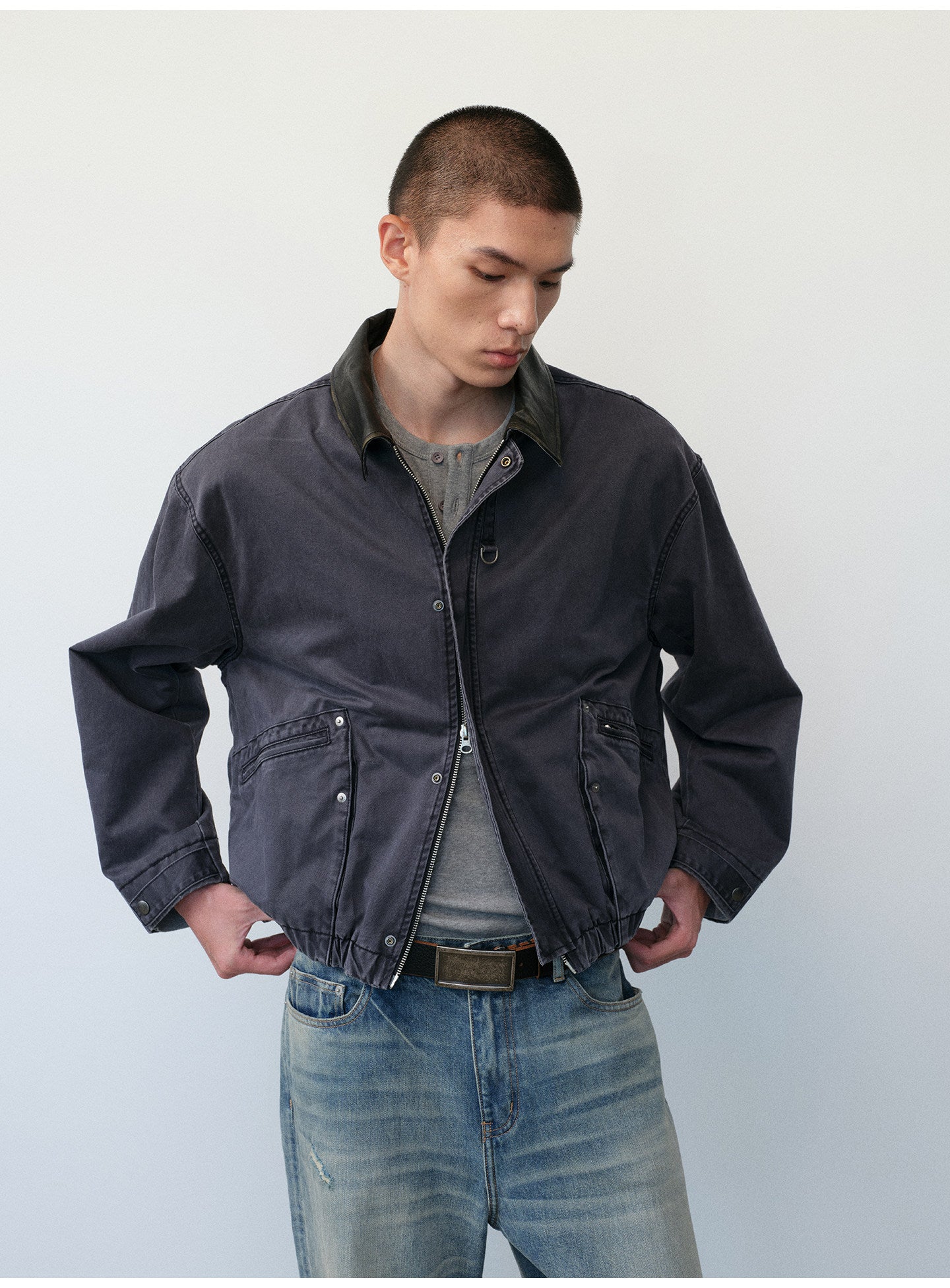 Distressed Leather Color-Block Work Jacket