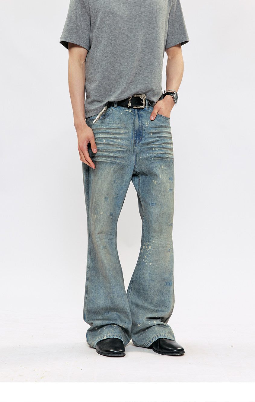 Hand-Painted Splatter-Print Flared Denim Pants